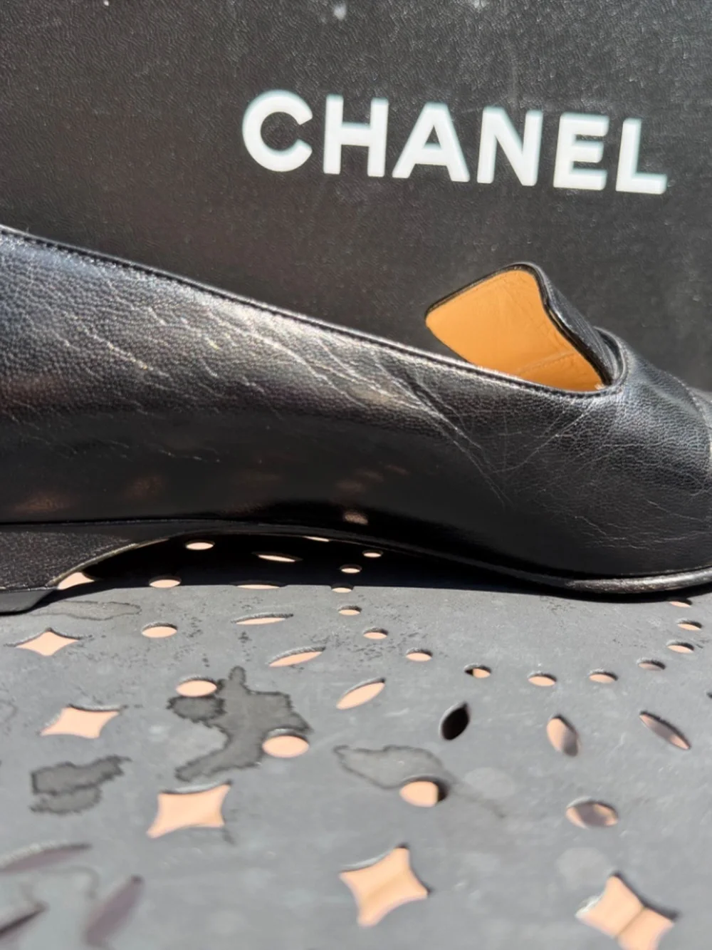 Chanel black leather square toe loafers with gold buckle size 35